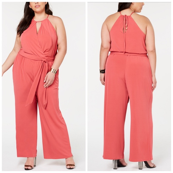 1. State Pants - 1.STATE Pink Faux Wrap Halter Neck Jumpsuit 3X